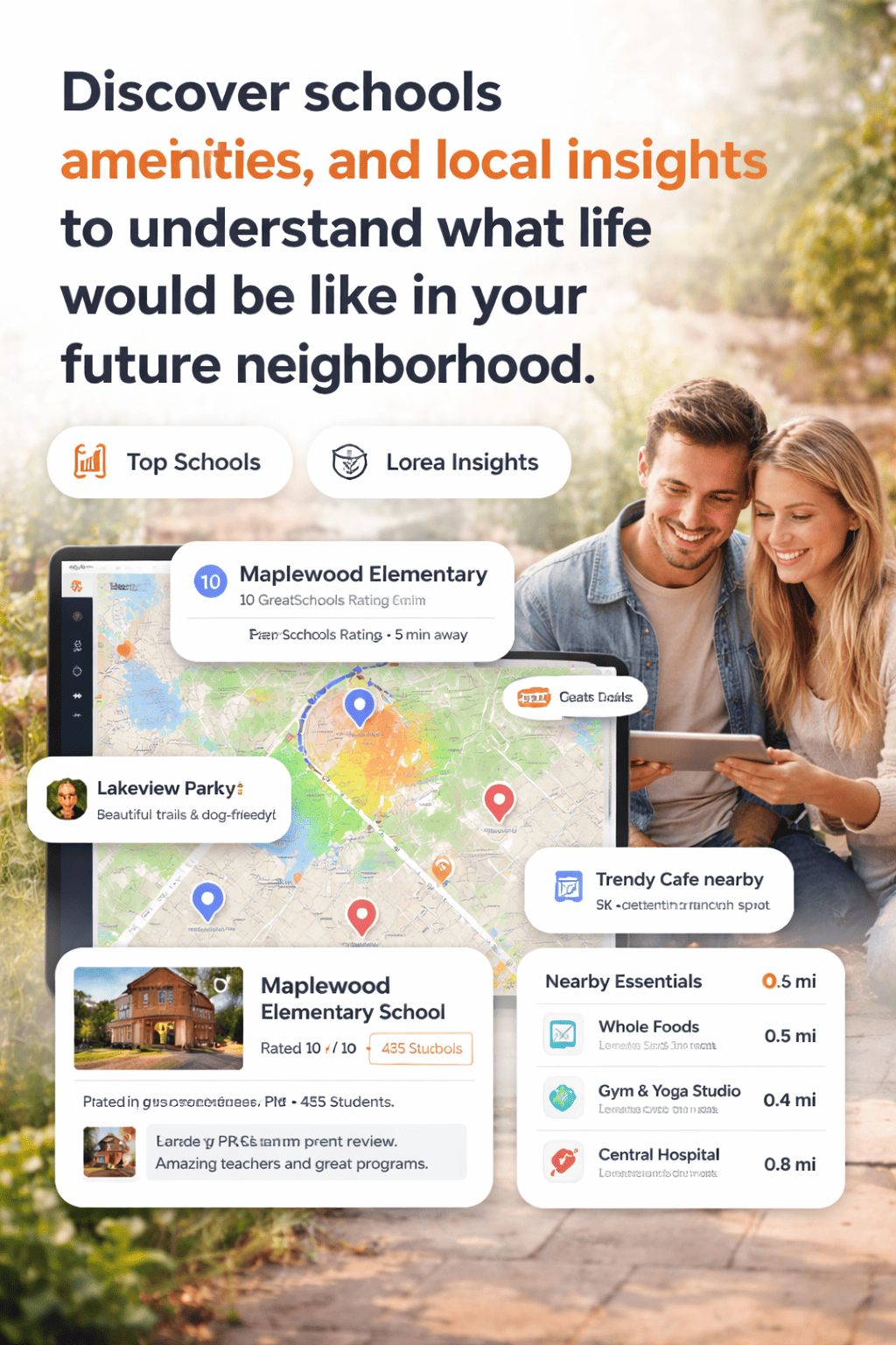 Exploring neighborhoods and local amenities including schools and community features